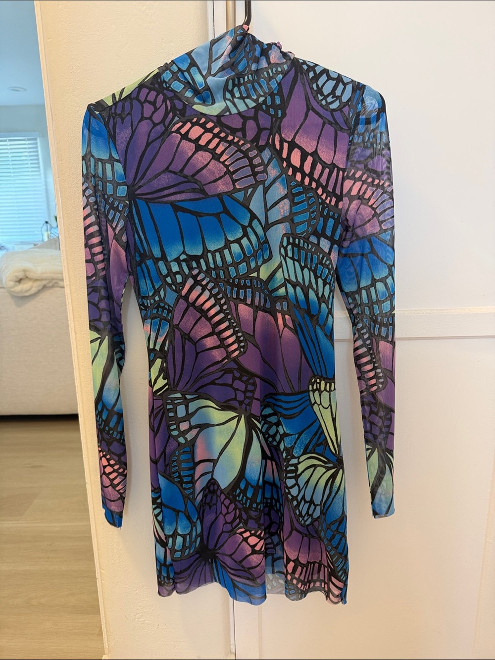 AFRM Long Sleeve Butterfly-Print Dress in Purple & Blue. AFRM DRESS SIZE MEDIUM